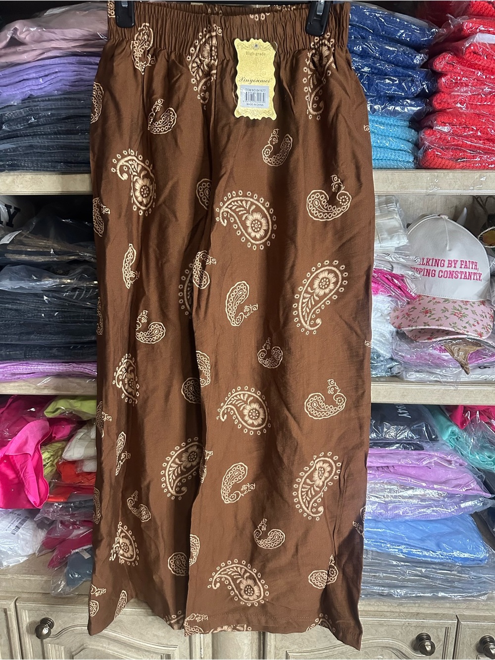 Women’s Brown Paisley flowy pants with Elastic Waist
